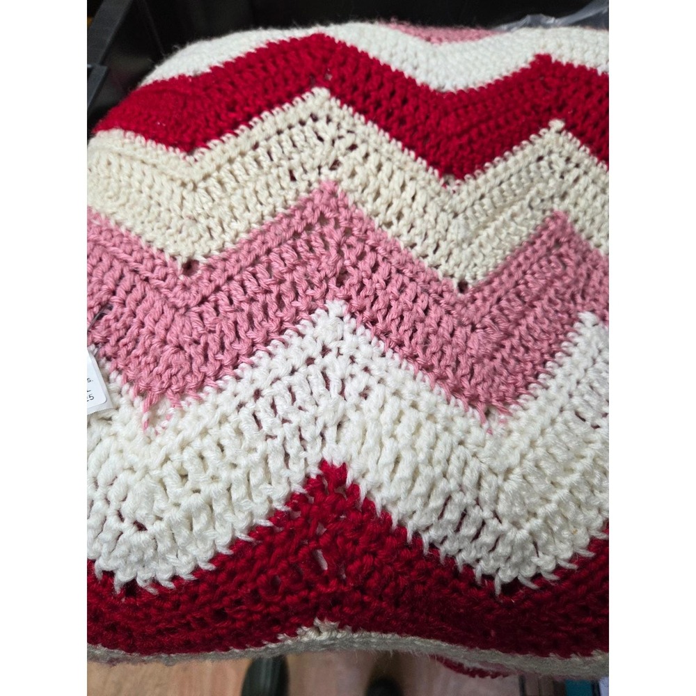Handmade Crochet Cozy Blanket 95"Lx70"W Chevron Stripes Red Cream Pink Romantic